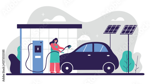 A woman fills her car with biofuel at a modern gas station. An eco-friendly approach to transport helps to reduce harmful emissions into the atmosphere.