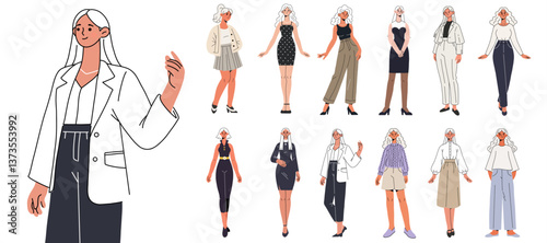 Vector illustration of a professional businesswoman in stylish office outfits, influenced by the Old Money aesthetic. Perfect for work, fashion, and lifestyle-related content.