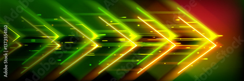Neon glowing green orange arrow shapes background - speed boost, growth direction concept. Futuristic digital abstract vector illustration with bright overlapping dynamic lines, technology style.