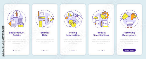 Product data sheet onboarding mobile app screen. PIM system. Walkthrough 5 steps editable graphic instructions with linear concepts. UI, UX, GUI. Montserrat SemiBold, Regular fonts used