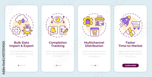Benefits of using PIM system onboarding mobile app screen. E commerce. Walkthrough 4 steps editable graphic instructions with linear concepts. UI, UX, GUI. Montserrat SemiBold, Regular fonts used