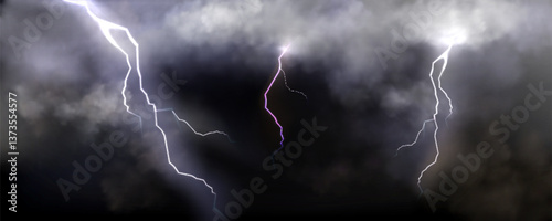 Dark stormy sky with clouds and thunderstorm. Vector realistic illustration of gloomy night cloudscape, electric lightning bolts flashing through thick fog, rainstorm thunder, bad weather forecast