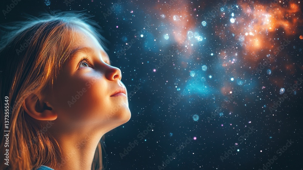 Child gazing at the universe with wonder and imagination in space Child gazing at the universe with wonder and imagination in space