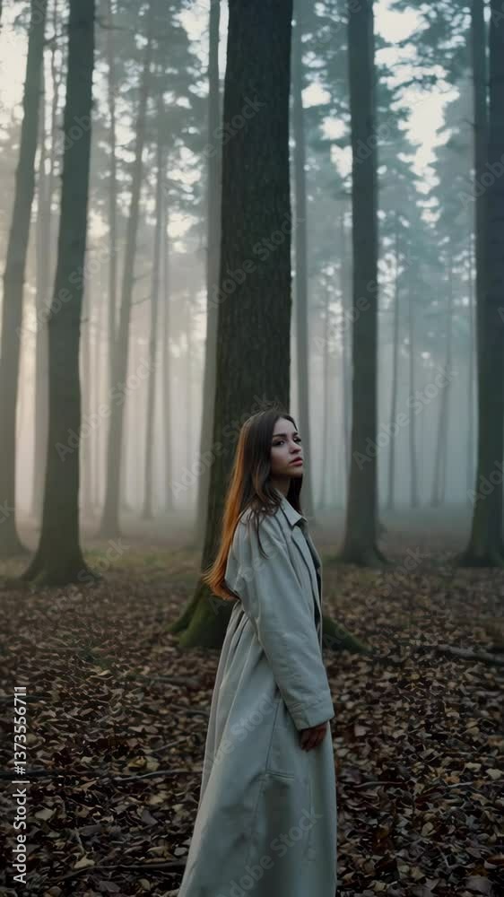 Woman walking in misty forest at dawn