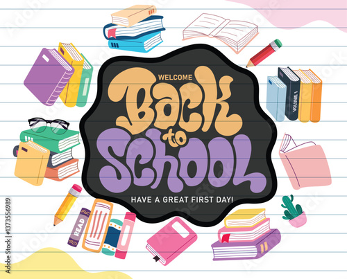 Welcome back to school greeting clipart design. School greeting card template clip art in paper abstract background with educational books and textbook drawing elements  vector illustration.
