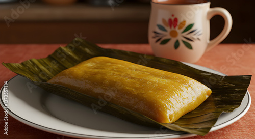 Close up of a tamale on a plate with a banana leaf and a mug with a floral design behind it