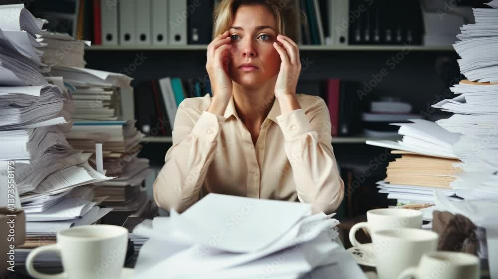 Overhead shot of a stressed woman at a cluttered desk, surrounded by piles of papers and coffee cups, conveying a chaotic work video concept.