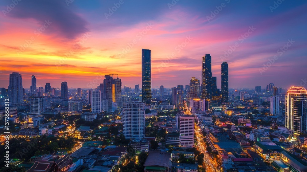 Fototapeta premium Vibrant sunset over skyscrapers urban cityscape aerial view evening atmosphere modern architecture