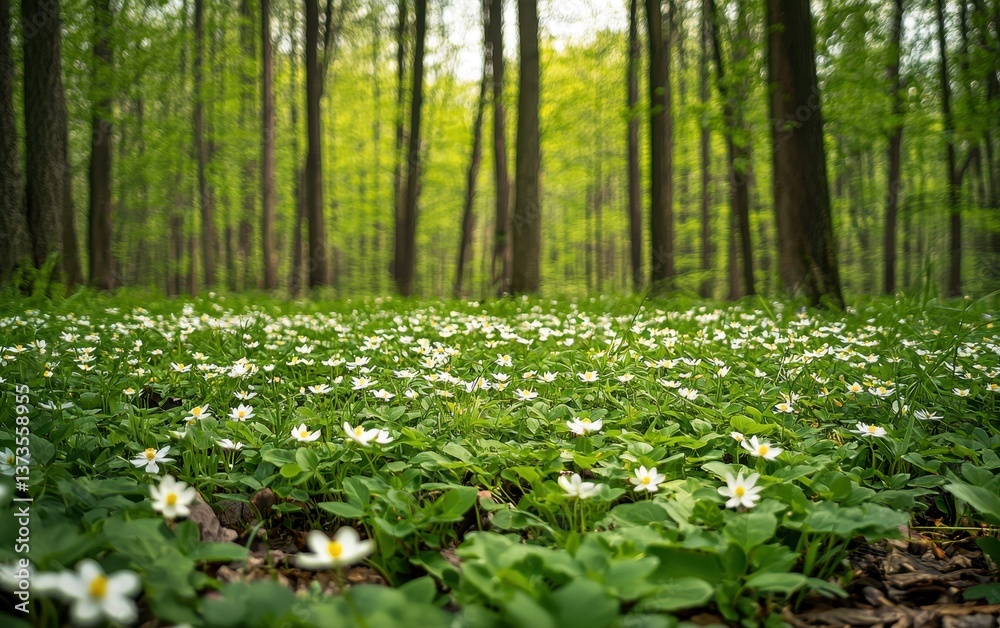 Obraz premium Of a forest in spring with fresh green leaves and flowers blooming on the ground