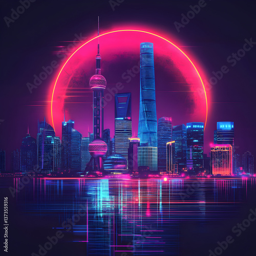 Neon Shanghai Skyline  Retrofuturistic Cityscape    s Style