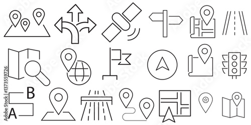 map Location icon set. destination, directions, distance, place, navigation and address icons. Linear icon collection. Editable stroke. Vector illustration.