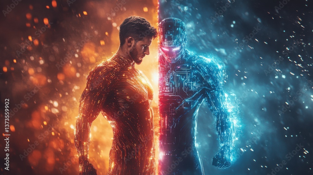 Naklejka premium In a neon-lit digital arena, a confident human faces a sleek AI counterpart, symbolizing the clash of strength and technology amidst glowing circuits.