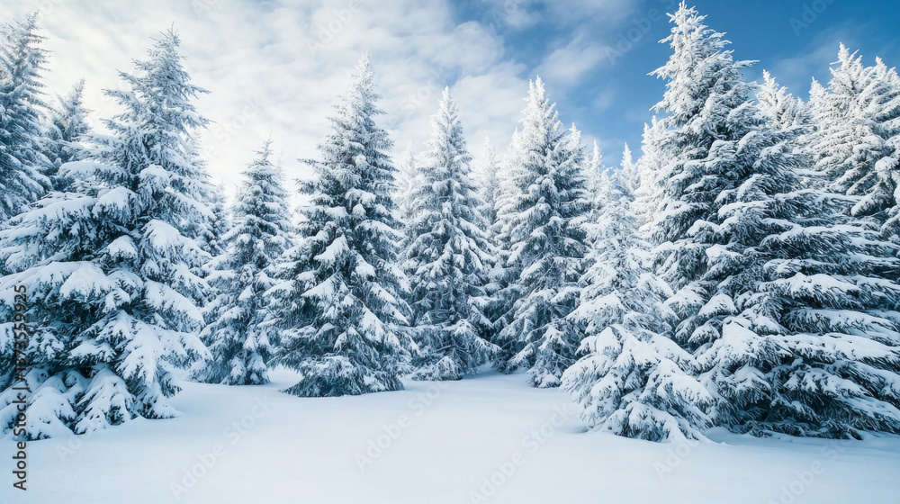 Stunning snow covered trees in quiet forest create serene winter landscape, inviting peace and tranquility Stunning snow covered trees in quiet forest create serene winter landscape, inviting peace and tranquility