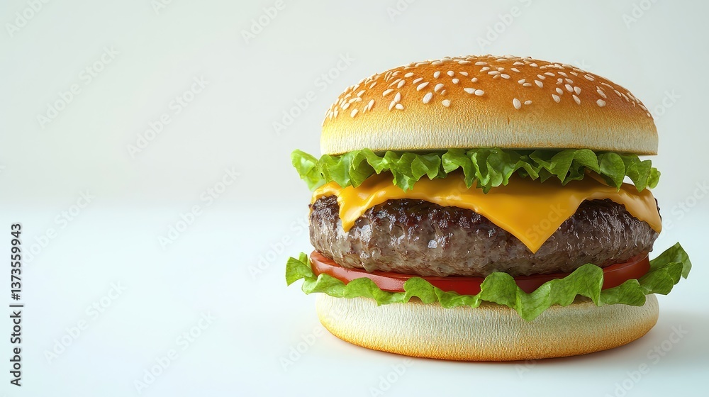 A 3D close-up of a juicy cheeseburger with fresh lettuce and tomato, placed on a white background with space for text A 3D close-up of a juicy cheeseburger with fresh lettuce and tomato, placed on a white background with space for text