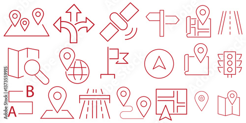map Location icon set. destination, directions, distance, place, navigation and address icons. Linear icon collection. Editable stroke. Vector illustration.