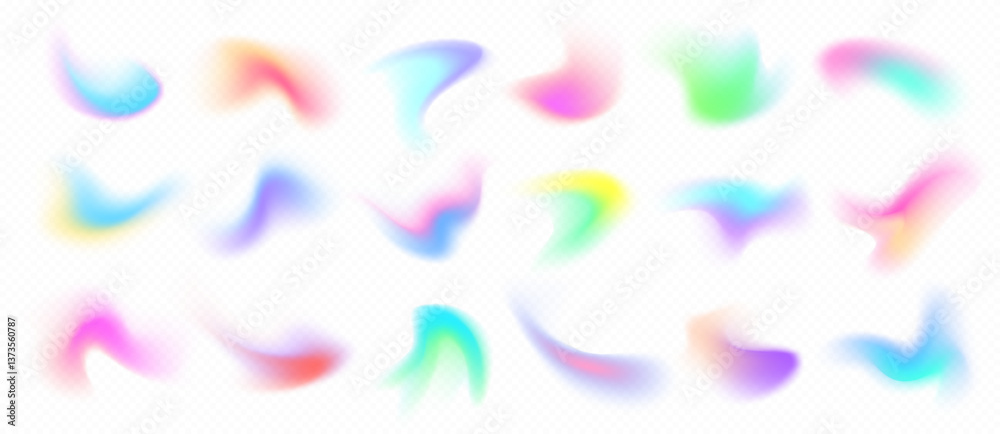 Colorful blurry gradient shapes, abstract light fluid mesh, soft colors in various forms. Vector design elements.