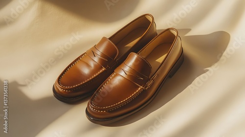 A casual pair of brown loafers resting on a warm beige background, clean and sophisticated.