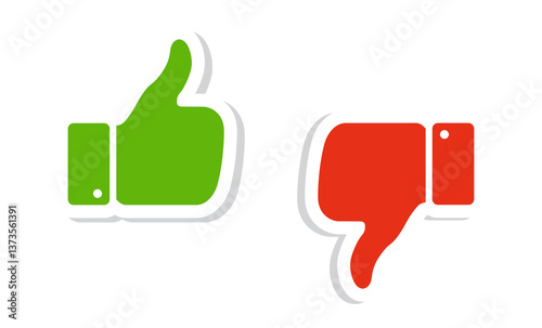 Thumbs up and thumbs down icon set. Like and dislike symbols in green and red colors. Rating and feedback. Do and Don't icons. Vector stickers.
