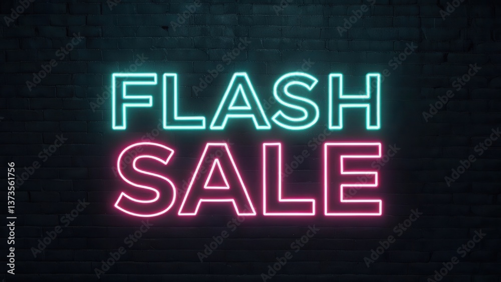 Minimal flash sale neon sign banner with glowing teal and pink letters on dark brick wall background for late-night deals. Minimal flash sale neon sign banner with glowing teal and pink letters on dark brick wall background for late-night deals.