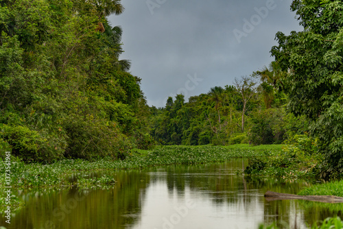 Heavy rain over the Amazon River and forest, with a small boat navigating the water amidst the storm
