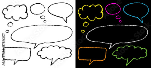 Grunge scribble bubbles for sketch design. Hand drawn chalk brush speech bubbles set. Abstract chalk and crayon pencil style. Vector illustration.