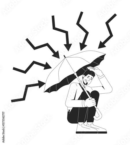 Protection from recession line illustration concept. Financial shelter. Worried businessman crouching under umbrella from crisis arrows outline 2D character isolated. Ink linear drawing vector art