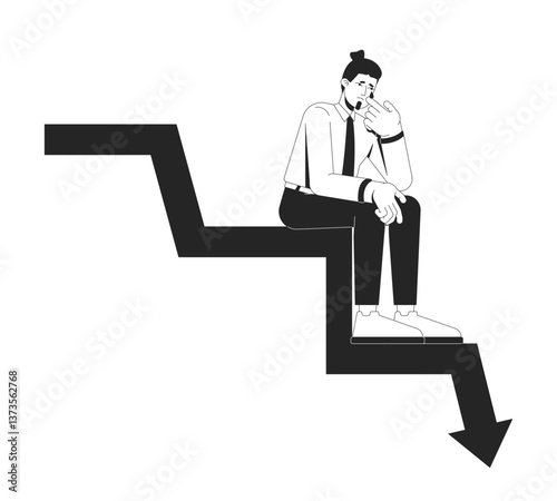 Distressed businessman sitting on declining arrow chart line illustration concept. Financial loss, economic downturn. Man wiping tear outline 2D character isolated. Ink linear drawing vector art