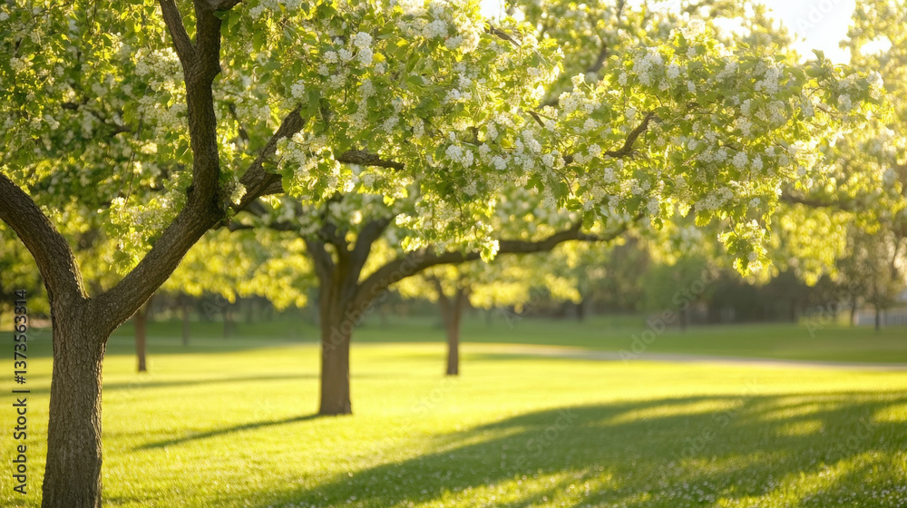 Lush green trees with blooming flowers in sunny park Lush green trees with blooming flowers in sunny park