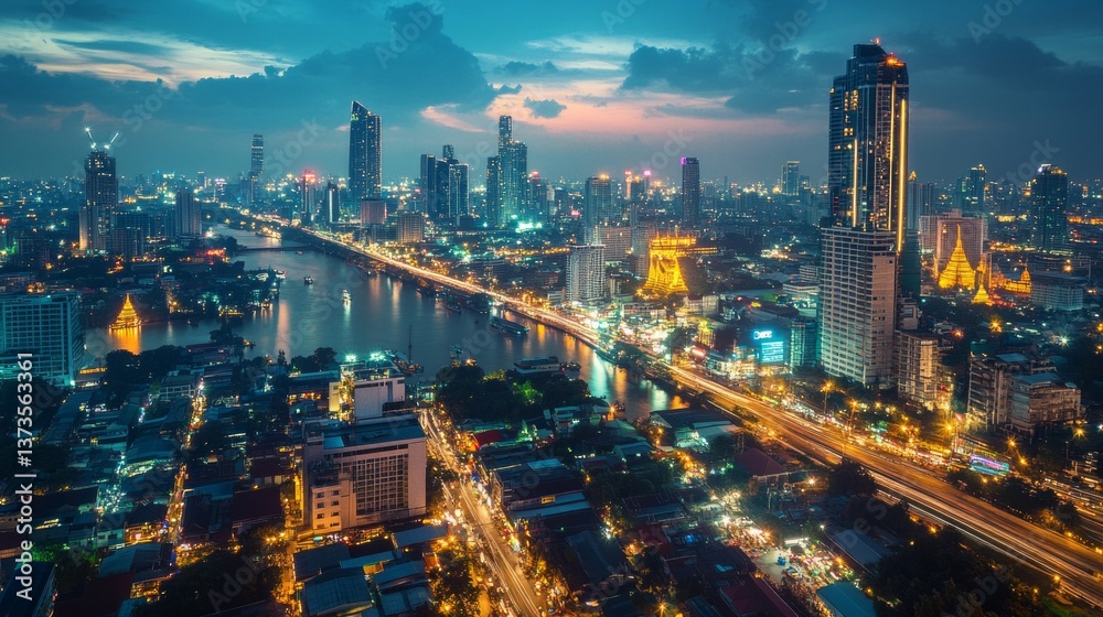 Fototapeta premium Evening skyline view bangkok urban landscape city lights aerial perspective vibrant nightlife