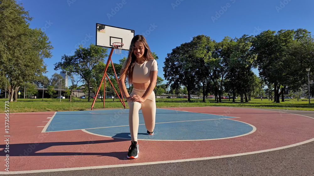 Young woman stretching after exercise and jogging in urban park