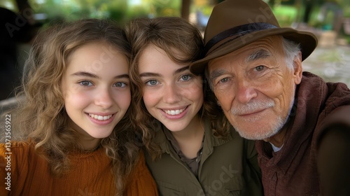 Heartwarming Family Portrait with Smiling Grandfather and Granddaughters