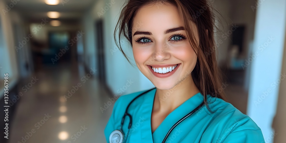 Fototapeta premium Nurse Smiling in Hospital Corridor
