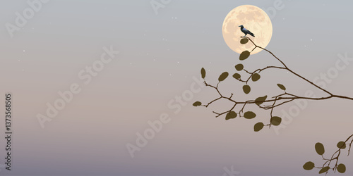 Silhouette of a crow perched on a branch have full moon and vanilla sky background graphic illustration have blank space.