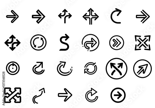 Arrow icons vector pack in minimal black outline style on transparent background	