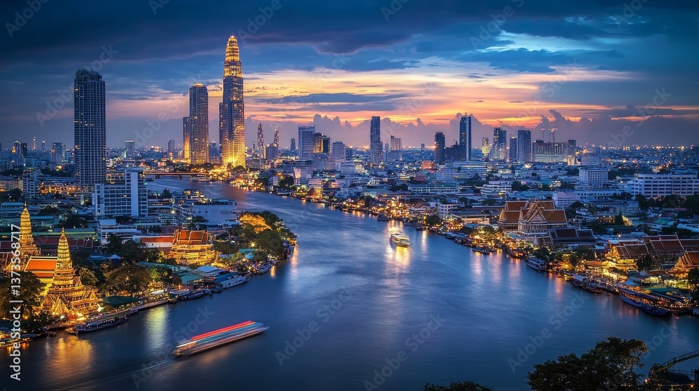 Fototapeta premium River cruise at dusk bangkok thailand cityscape scenic view urban serenity