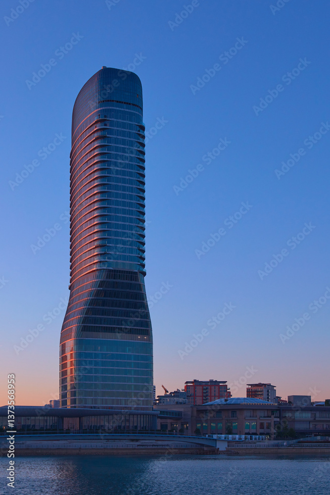 Dawn view of Belgrade city building on the river Sava, capital of Serbia.