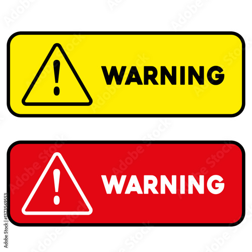 Warning text board with attention symbol. Caution icon with exclamation mark on red and yellow background. Web vector illustration banner.