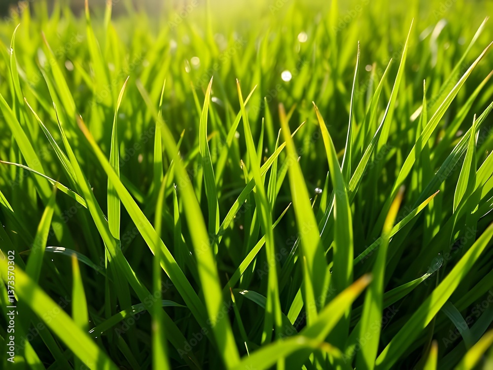 Obraz premium Close-up of Lush Green Grass Blades Lit by Golden Sunlight - Nature's Beauty.