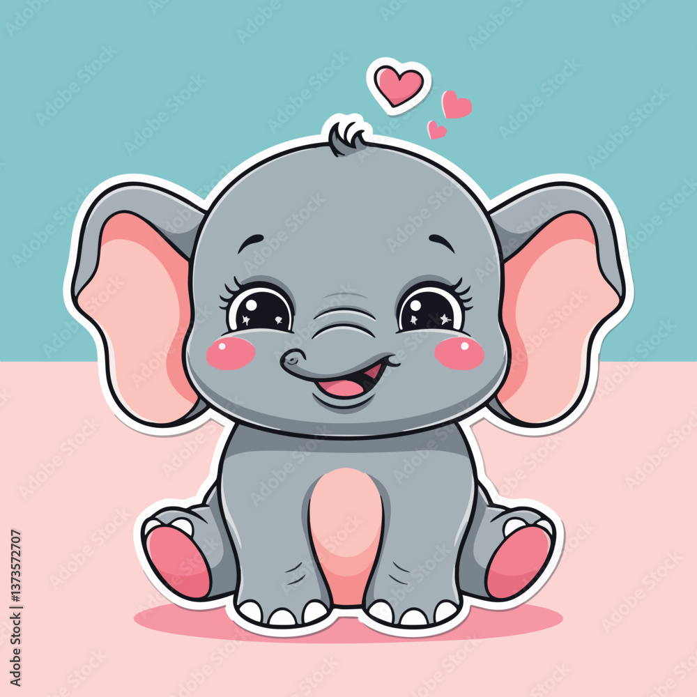 Fototapeta premium Adorable kawaii baby elephant with hearts and pastel background