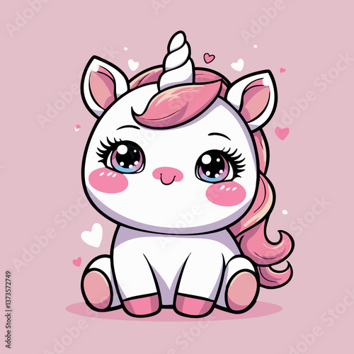 Adorable kawaii unicorn with pink mane and hearts