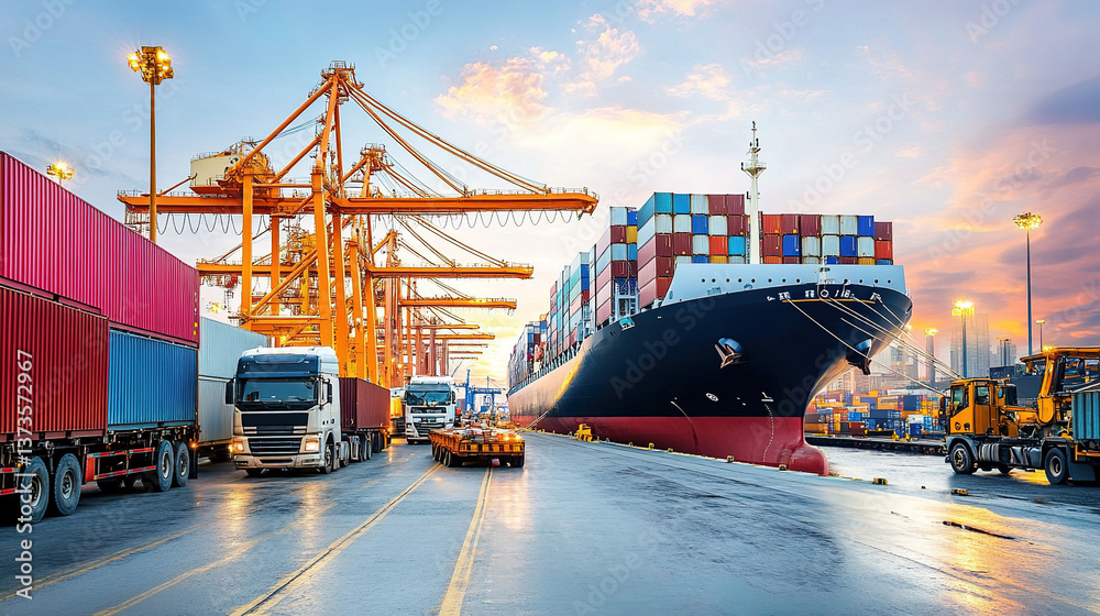 Naklejka premium Cargo ship docked at busy port with towering cranes and deck containers, surrounded by cargo trucks, construction materials, and street lights under clear blue skies.