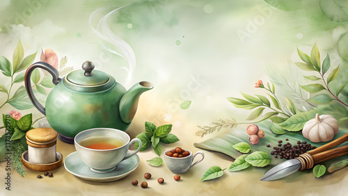 Wallpaper Mural "Pastel Watercolor Tea Time Background with Steaming Teapot & Herb Sprigs – Soothing Botanical Illustration with Copy Space" Torontodigital.ca