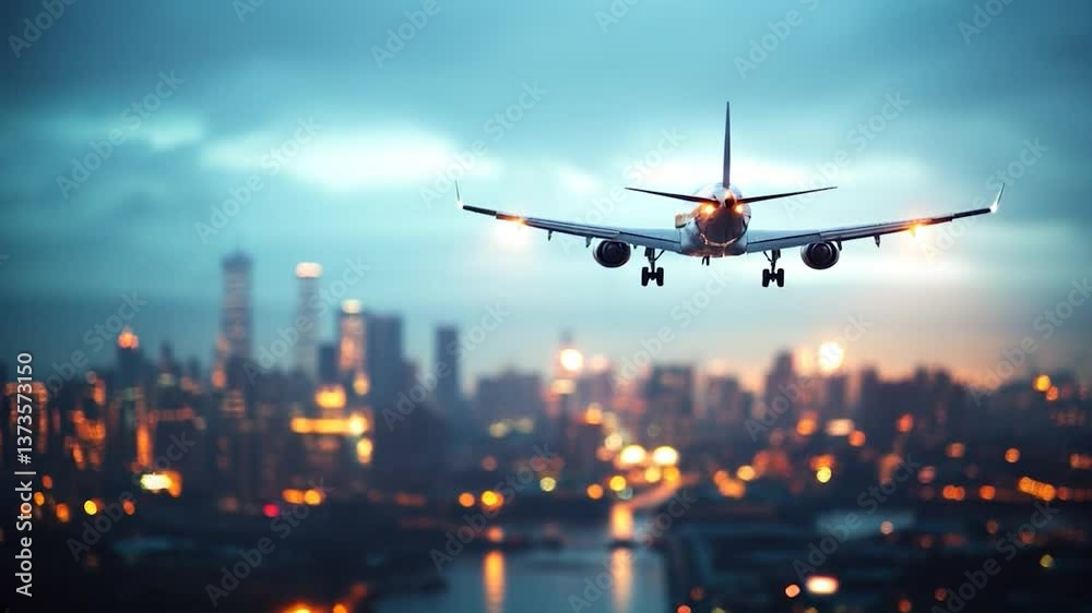 Experience Thrill of Flight Commercial Airplane Soars Over Dusk City Skyline, Illuminated by Urban Lights and Reflecting on Water, Capturing Essence of Travel and Adventure. Experience Thrill of Flight Commercial Airplane Soars Over Dusk City Skyline, Illuminated by Urban Lights and Reflecting on Water, Capturing Essence of Travel and Adventure.