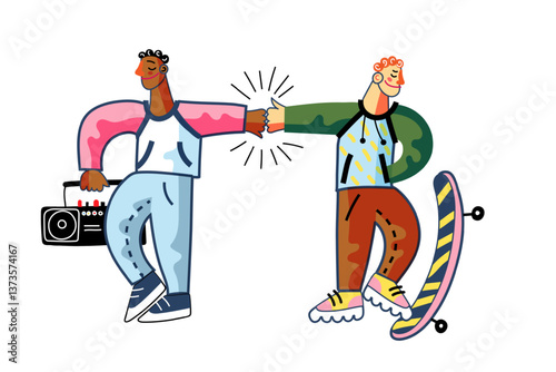 Two young friends give each other a fist bump. One holds a boombox, while the other has a skateboard. Hip-hop and skateboarding style. Trendy vector illustration.