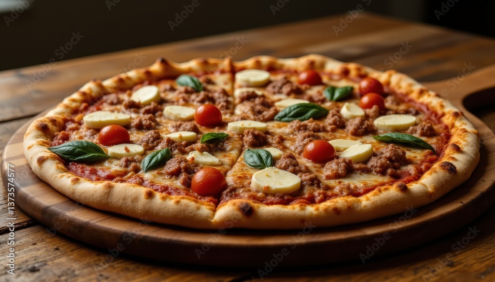 A warm and fragrant homemade pizza, straight out of the oven, sits on a rustic wooden table A warm and fragrant homemade pizza, straight out of the oven, sits on a rustic wooden table