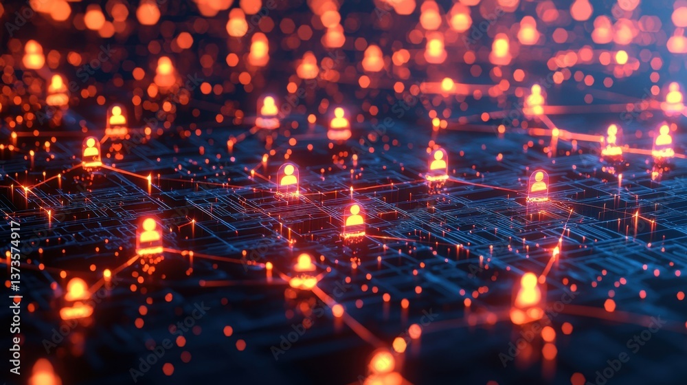 Fototapeta premium A digital network visualization featuring glowing nodes interconnected, representing data or communication pathways.
