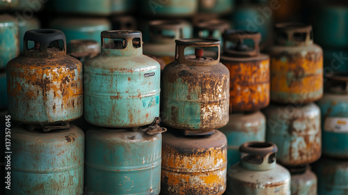 A stack of old green and orange gas tanks