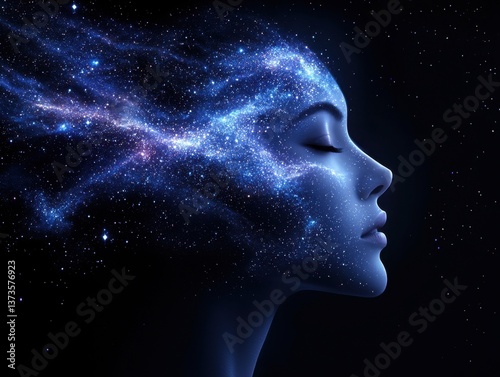 A serene profile of a woman with a galaxy of stars and cosmic elements flowing from her head, symbolizing creativity and the universe.