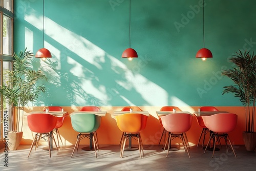 Interior view of a restaurant with colorful chairs and hanging lights against a green wall and plants