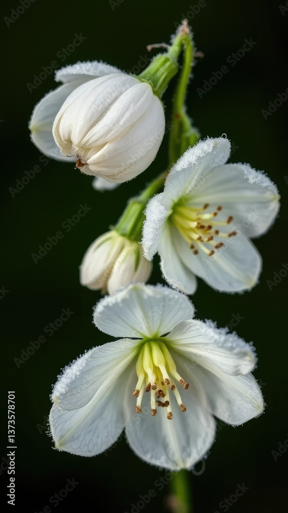 Obraz premium Delicate hellebore petals unfurl frosty white flowers isolated on dark green background, frost, nature, flower
